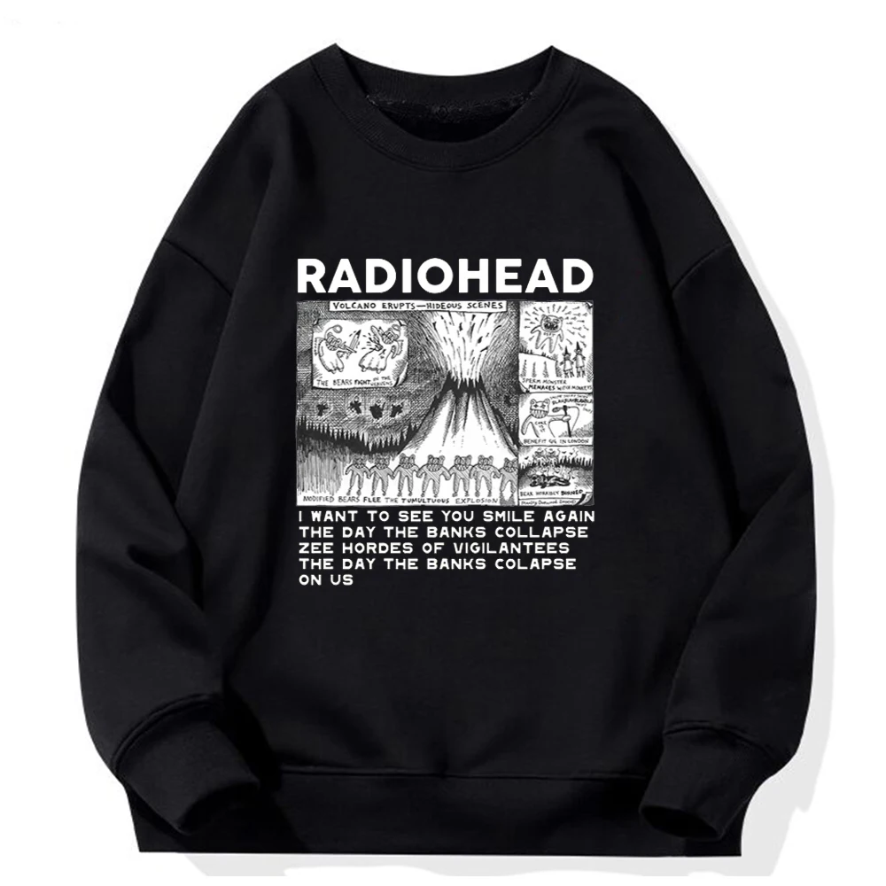 Radiohead Sweatshirt Men Funny Retro Print Loose Breathable Tops Harajuku Unisex Hoodies Indie Rock Band Music Male O-neck Cloth