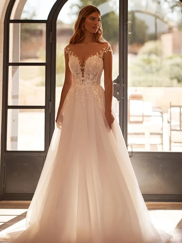 Semplicità Abito da sposa in organza con ricamo A-Line Lunghezza pavimento Abito da ballo O-Collo Abito da sposa senza maniche Robe De Mariee Butt