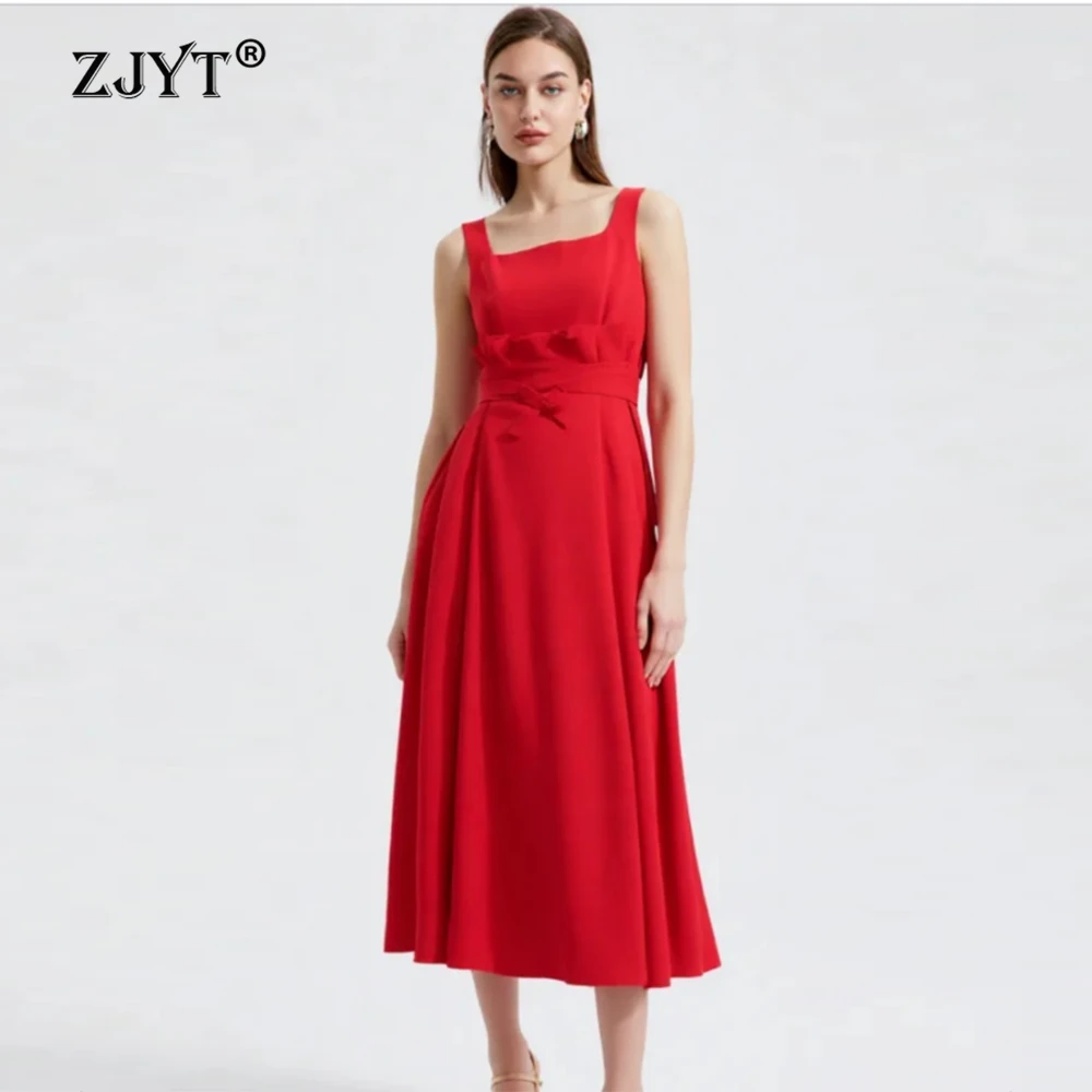 

Распродажа ZJYT: Летнее женское платье 2026, новая модная элегантная модель без рукавов, миди, для вечеринок и коктейлей, красное вечернее платье для женщин