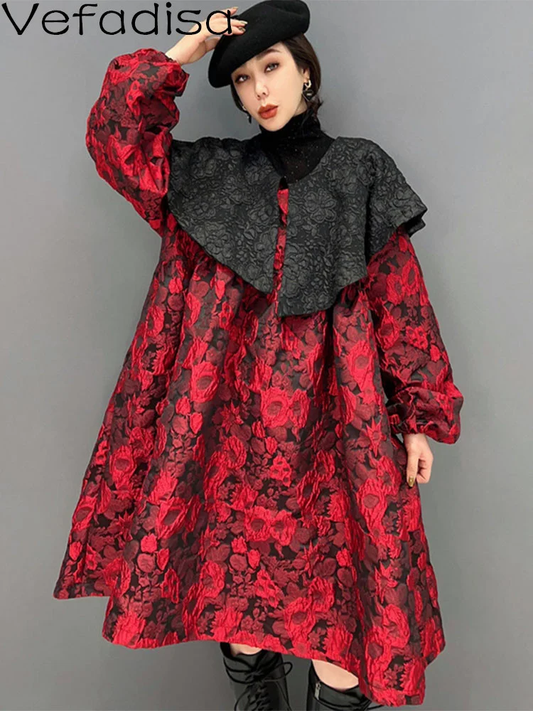 Vefadisa 2024 Autumn New Red Vintage Printed Women Dress Peter Pan Collar Lantern Sleeve Loose Cute Mid-length Dress ZXY764A
