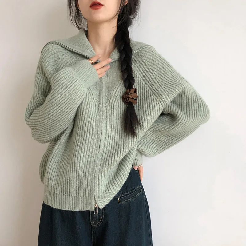 

Korean Fashion Zipper Up Knitting Cardigan Women Autumn Long Sleeve Turtleneck Sweater Woman Solid Color Cropped Cardigans XK45