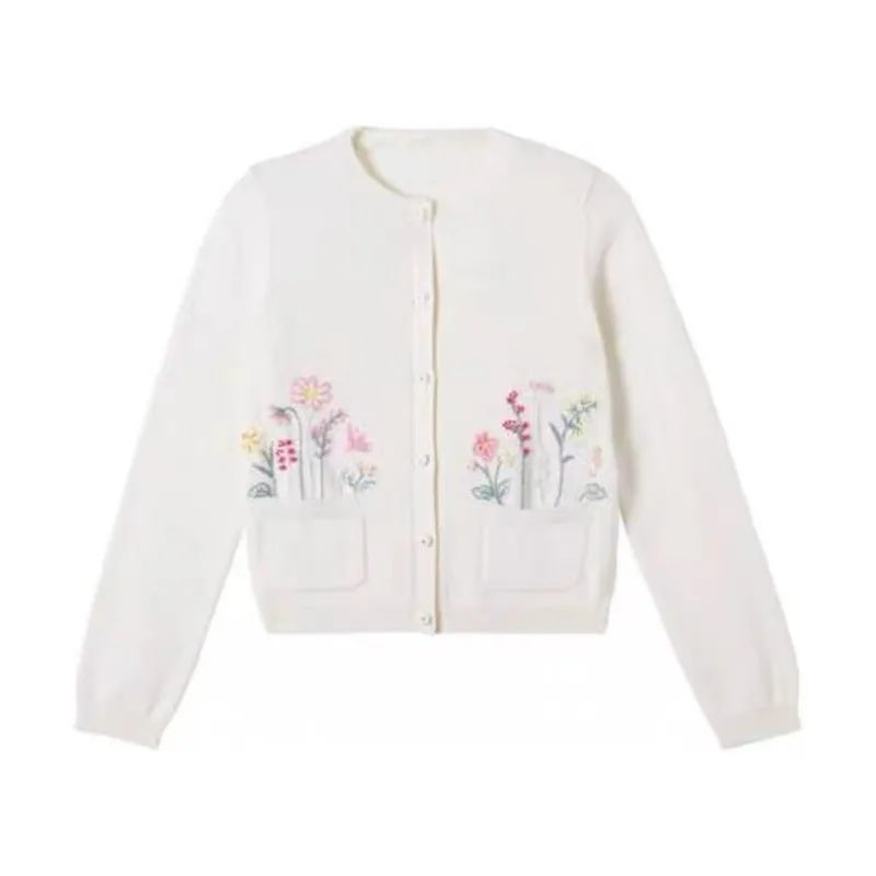 French Style Girls' Embroidered Floral Knit Cardigan – Cotton Cashmere Baby Round-Neck Versatile Top