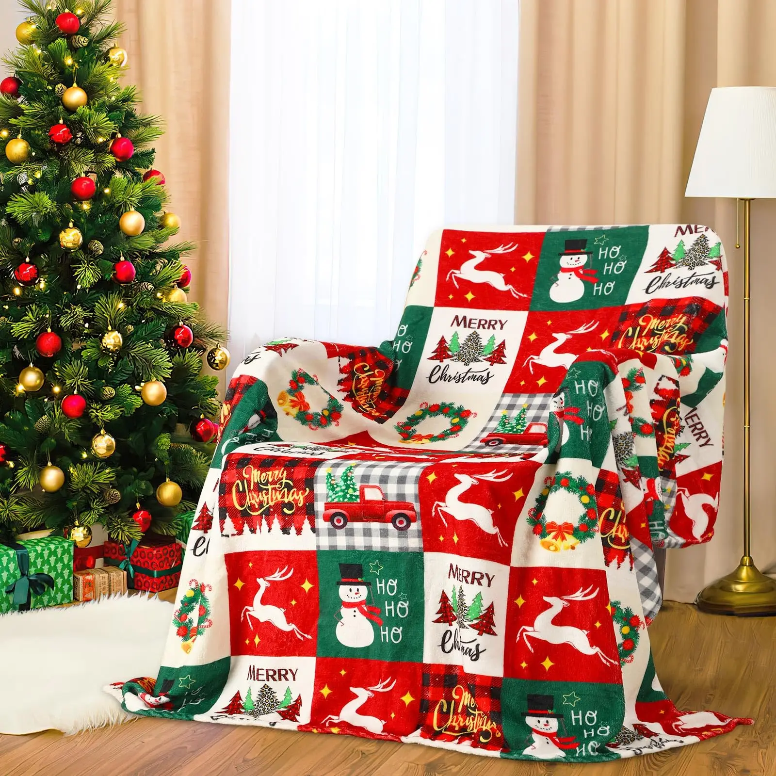 Weihnachts-Überwurfdecke, karierte Überwurfdecke mit Schneemann-Baum für Damen und Herren, rote und grüne karierte Decke