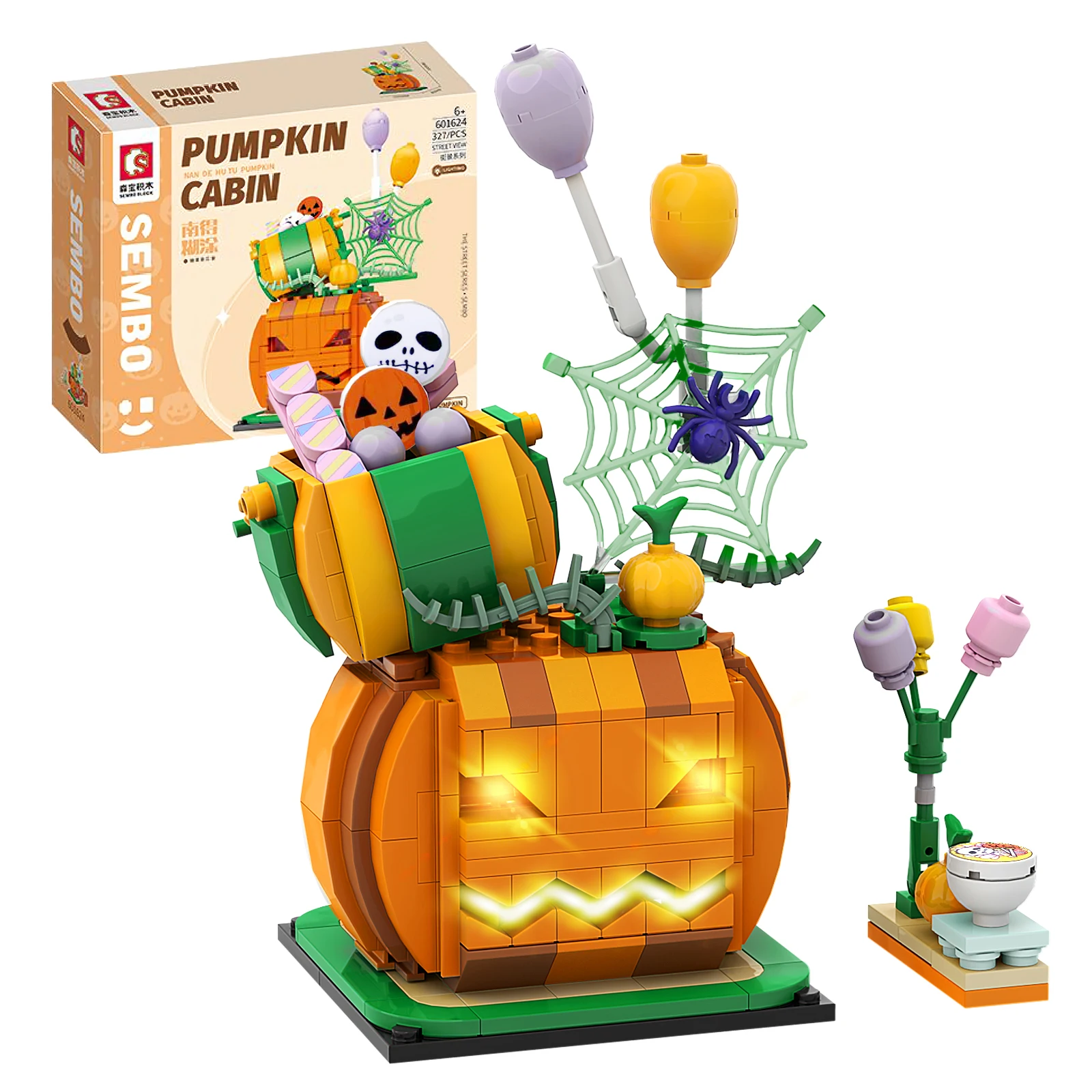 MOC Halloween Theme Pumpkins Cabin Building Blocks Set Decoration Little Devil With Light Bricks Toys For Children Xmas Gifts