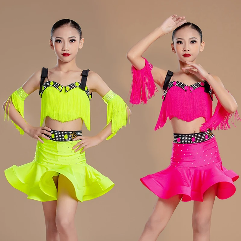 

Latin Dance Costume Girls Rhinestone Tassel Dancewear Competition Dress Fluorescent Yellow Samba Rumba Dance Clothes DNV21905