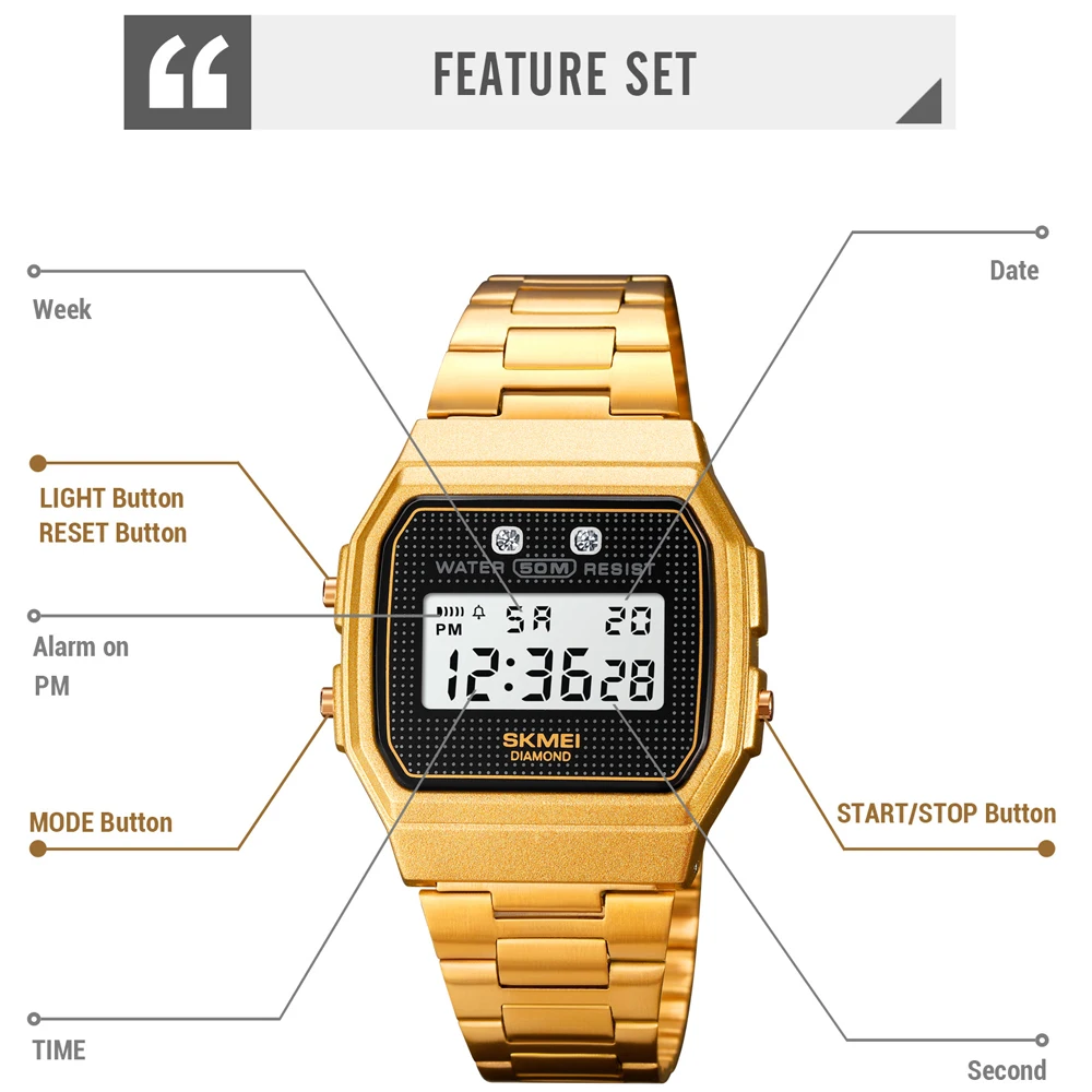 SKMEI Fashion Brand Military Men Watch Luxury Golden Digital Waterproof Watches Mens Stainless Steel Sport LED Man Wristwatch