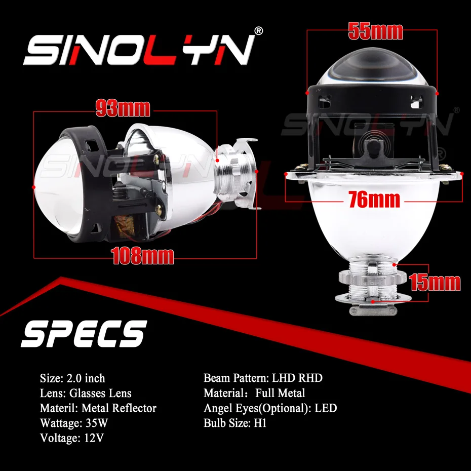 Sinolyn 2 Inch Dual LED Angel Eyes Bi Xenon Lenses For Headlight H4 H7 Car Light H1 Projector Running Light For Car Accessories