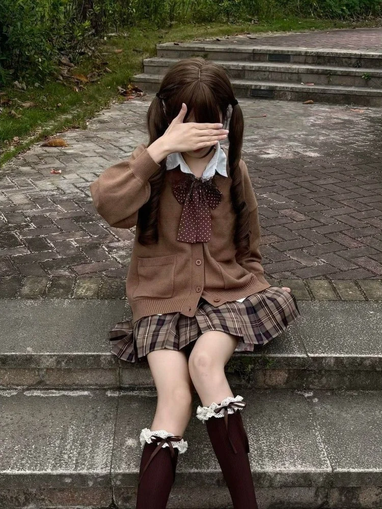 

Оригинальный вязаный кардиган, свитер Jaet, женский осенне-зимний комплект Lazy Brown JK orm, комплект юбки Faionable College Sle