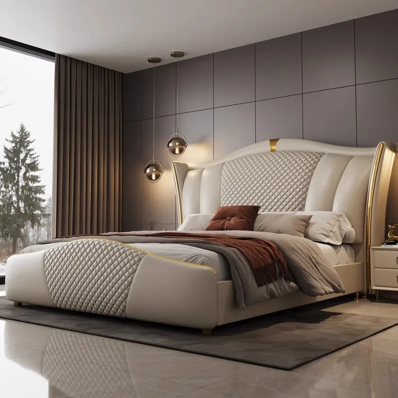 Modern Luxury  Bedroom Furniture Soft Up-holstered Beds Large Size Adult Double Bed Frame Leather Set Storage Master Design