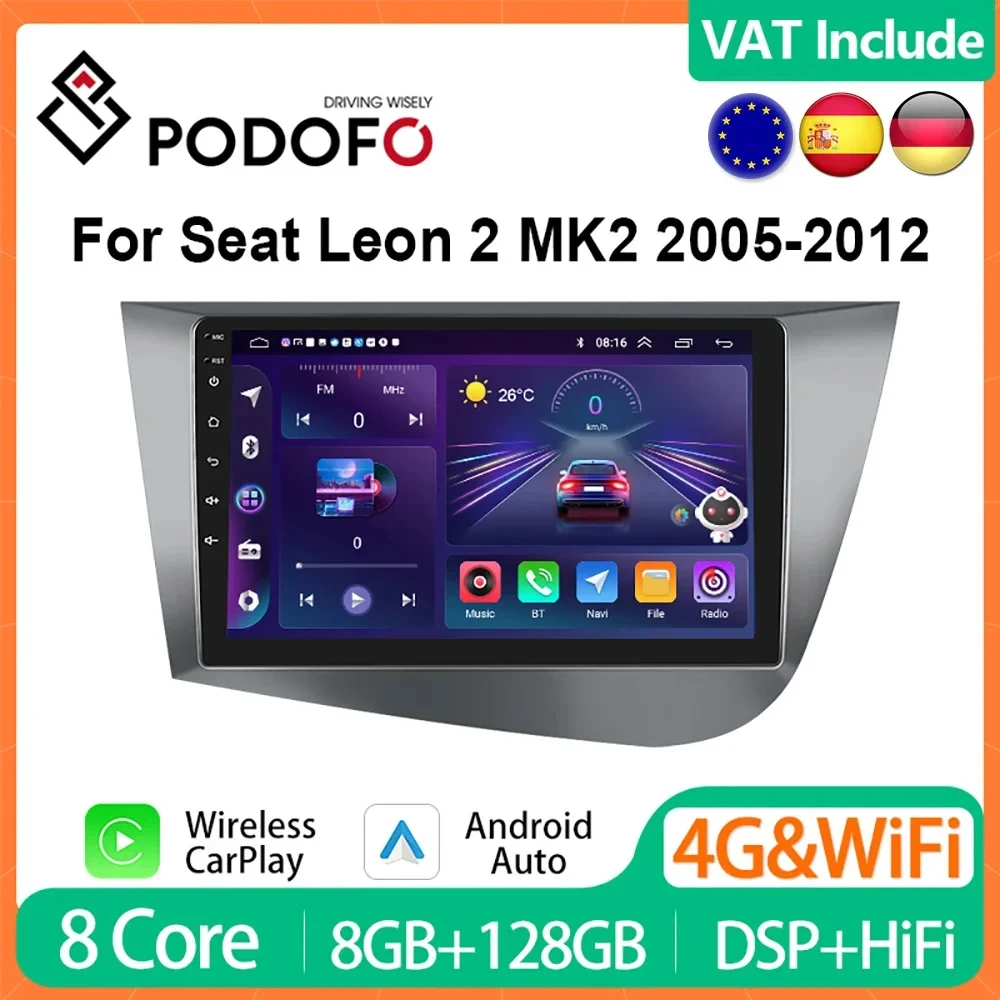 Podofo 8G+128G CarPlay Android Radio For SEAT Leon 2 MK2 2005-2012 Car Multiemdia Video Player 2din Head Unit 4G GPS Stereo HiFi