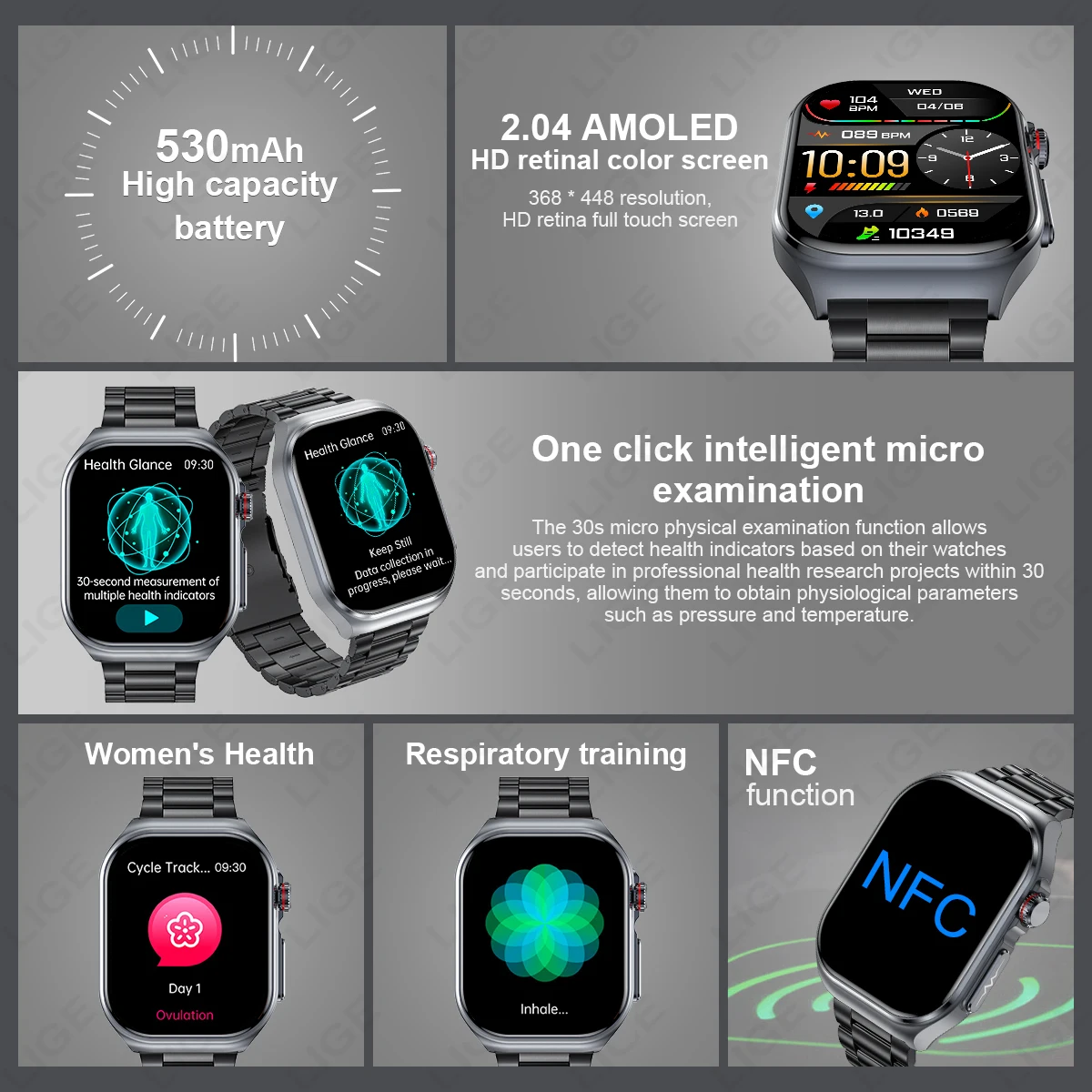 LIGE jam tangan pintar Kesehatan Pria Wanita, jam tangan pintar layar 2.04 inci asam urat darah panggilan Bluetooth NFC ECG + PPG