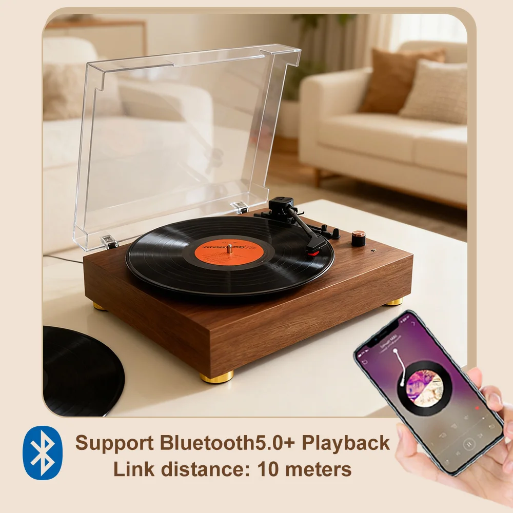 Vintage Wooden Turntable BT5.0+ Aux Input 3-Speed Vinyl Record Player with Built-in Speaker for Gift - view 4