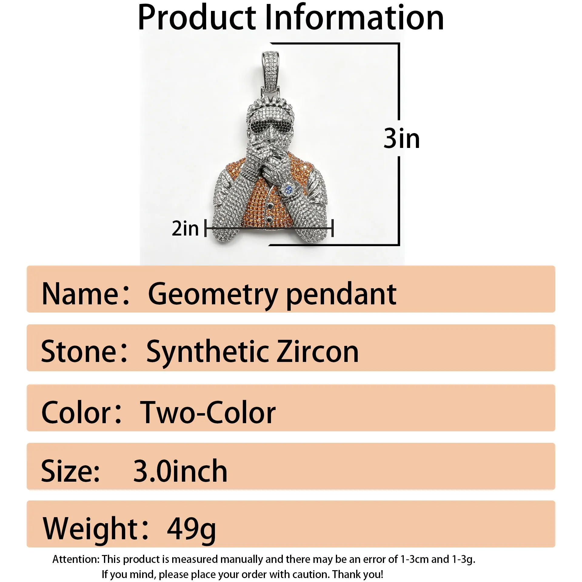 LYEE CYEE Luxury Hip Hop Style 3D Portrait Character Orange Spark Diamond Pendant Can Be Paired with Cuban Chain Rap Singer Street Party Decoration Exquisite Jewelry Valentine's Day/Commemorative Gift Birthday Gift Holiday Gift Best Gift for Boyfriend