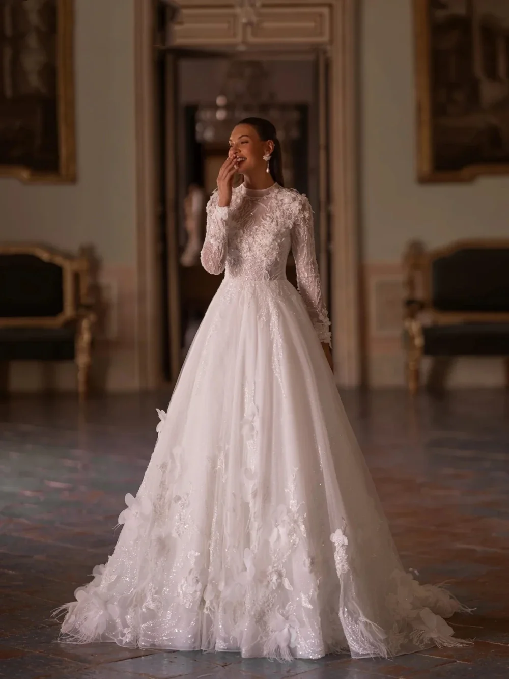 

Flavinke Customized High Collar Wedding Dresses Sparkly Sequins Beads Bride Robe Appliques A-line Bridal Gown Robe De Mariée