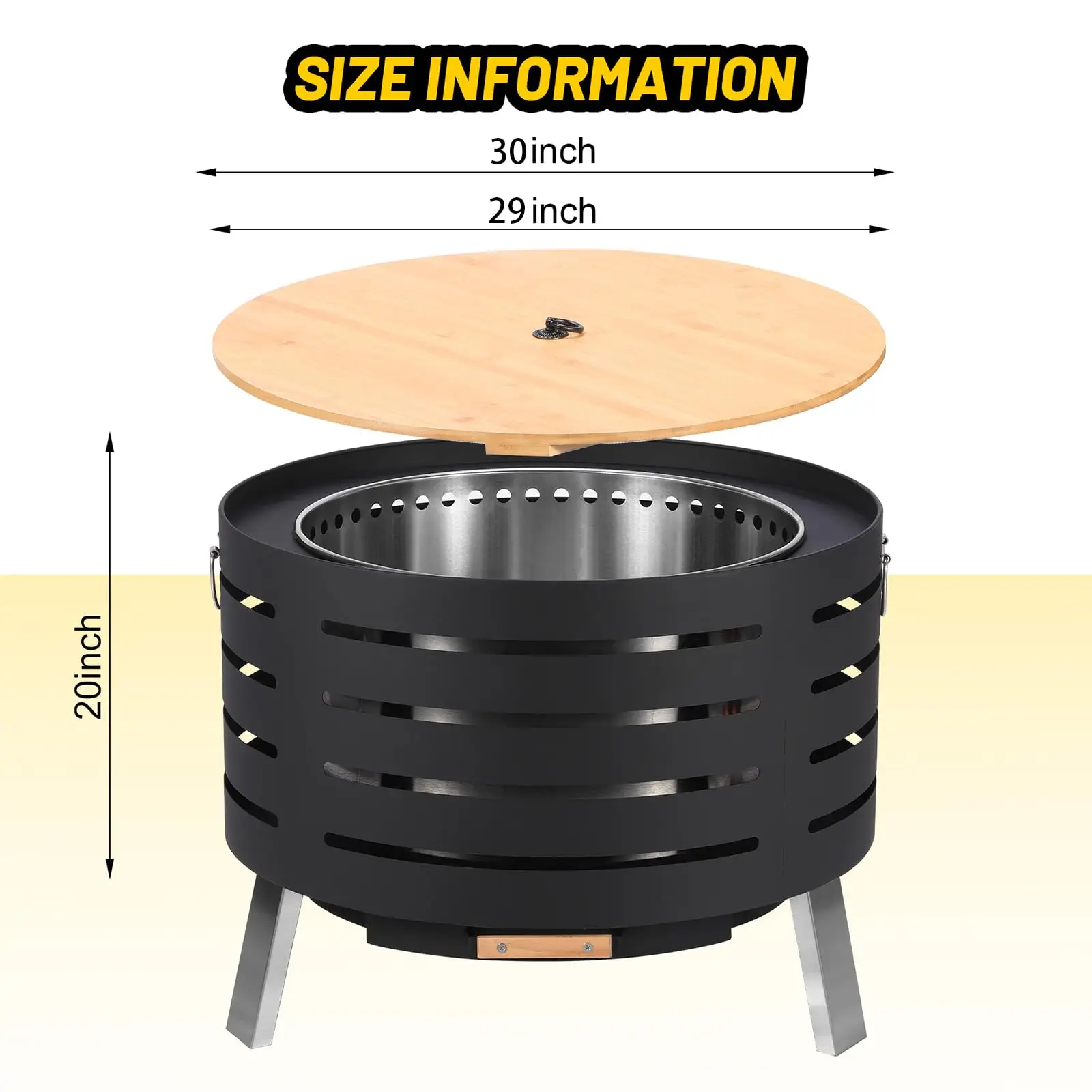Smokeless Outdoor Fire Pit – 360° Airflow, Removable Ash Pan, Bamboo Lid, Rainproof Cover – Low Smoke Traditional Stove – 30 Inch Size – Ideal for Patio, Backyard, Camping – Size: 30 Inch