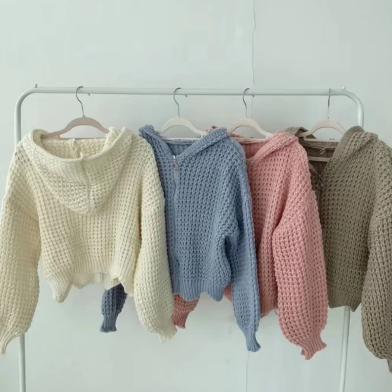 

Fashion Autumn Korean Style Hooded Zipper Women Cardigan Sweater Winter Lantern Sleeve Solid Elegant Casual Knitwear Short Coat
