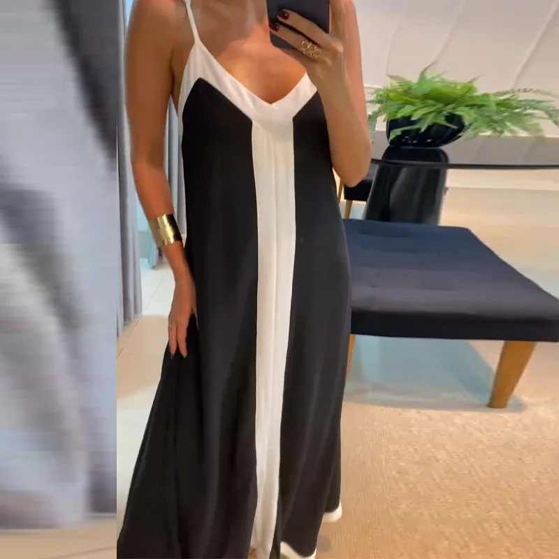 Boho Women\'s Summer Dress Fashion Sexy V-neck Casual Black And White Contrast Sleeveless Loose Maxi Dresses For Women Robe Femme