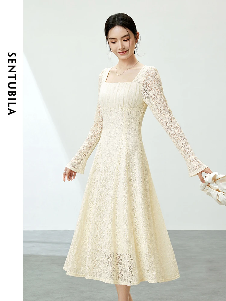 

SENTUBILA French Style Floral Lace Dress Women 2024 Spring Elegant Square Collar Slim Flare Sleeve A-line Midi Dresses 141L53525