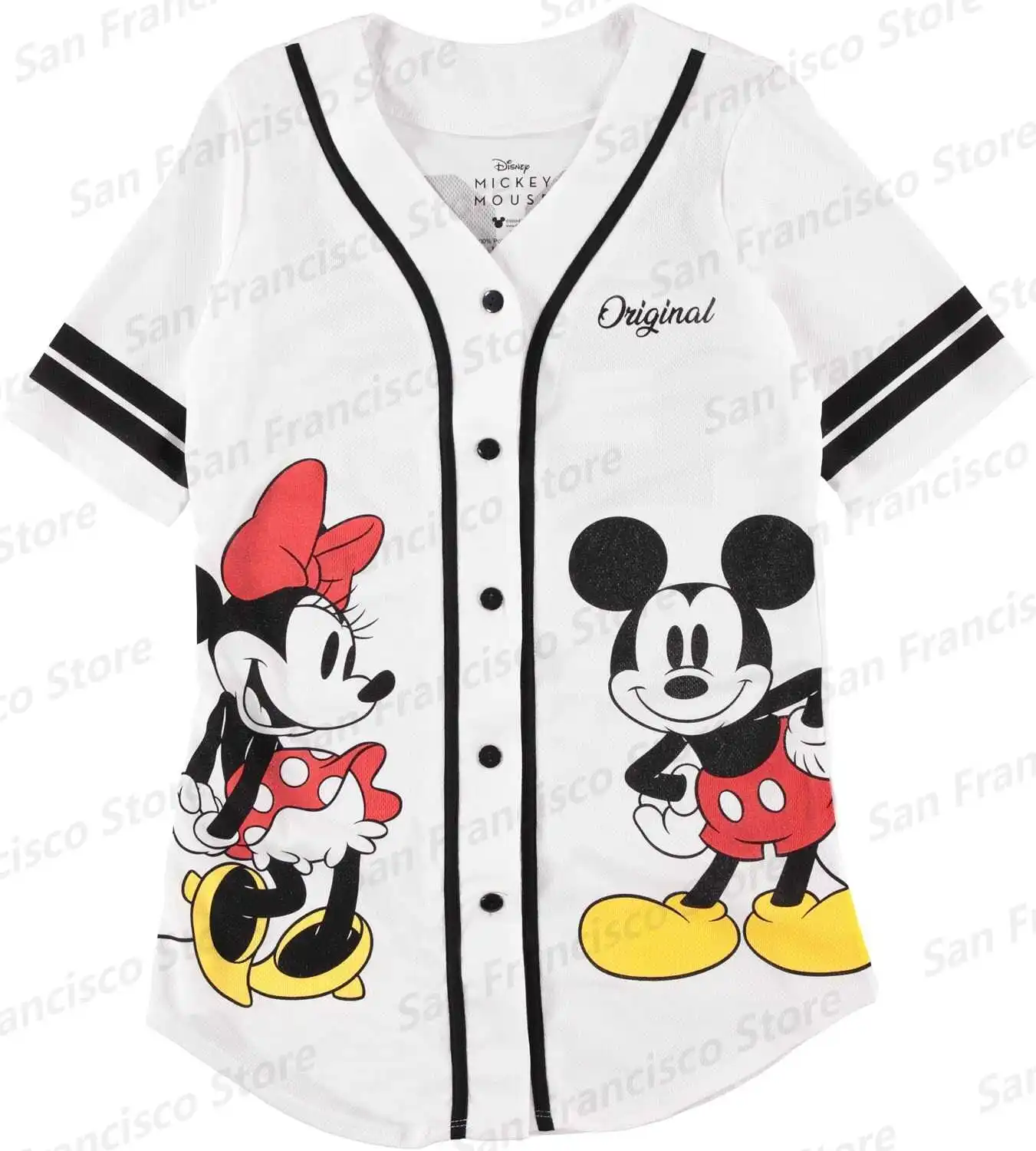 Summer New Disney Boy&Girl Mickey Minnie Cartoon Pattern Collarless Shirt KID/Adult Button Breathable Jersey Baseball Shirt