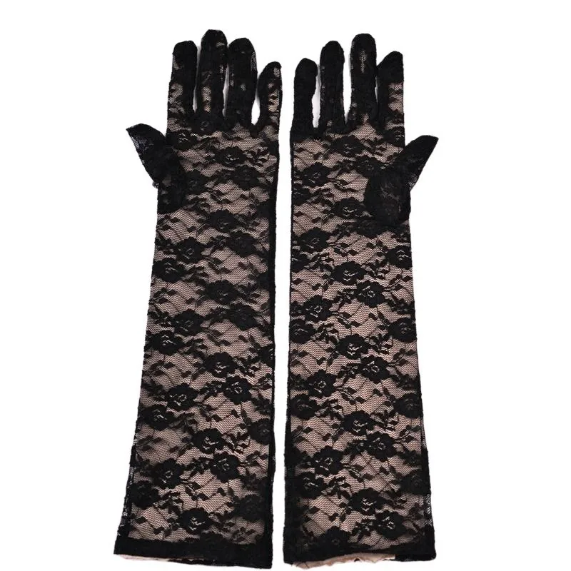 Gloves Women Lace Floral Medium Long Full Finger Thin Sun Protection Driving Cycling Stage Performance Lightweight Breathable