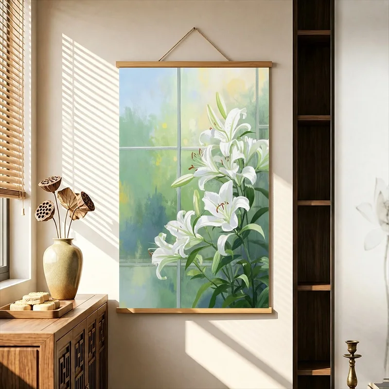 Wall Decorations White Lilies in a Dreamy Garden, Soft Botanical Pearlescent Canvas Wall Hanging Scroll for Bridal Boutique