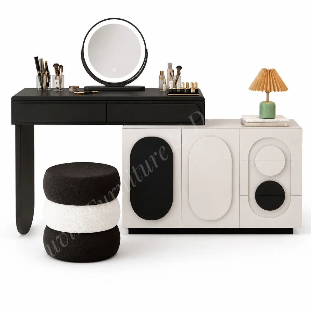 Modern Bedroom Vanity Table with LED Touch Illuminate Round Mirror Drawers Reversible Cabinet Stool for Hotel & Bathroom Use