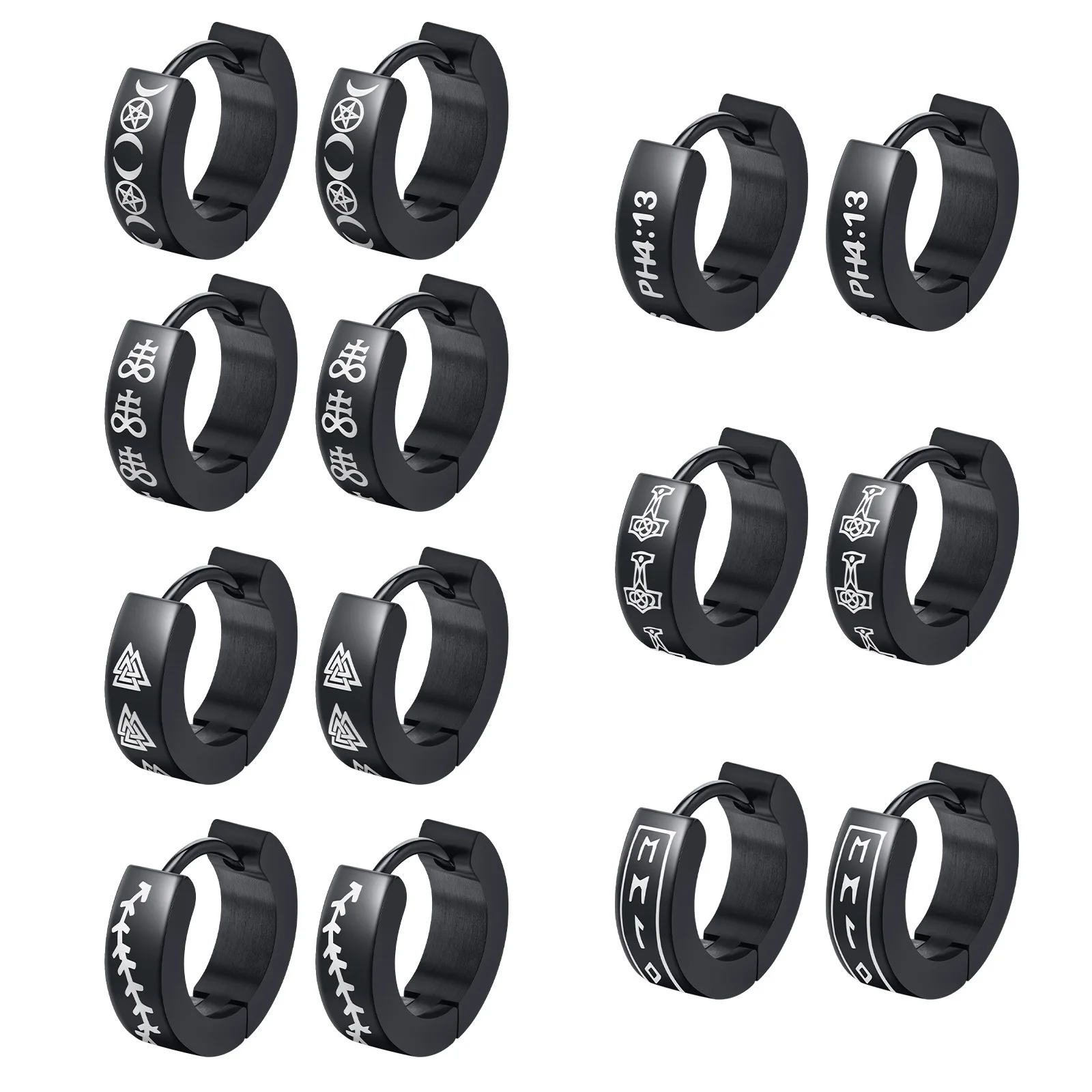Black Viking Thors Hammer Earrings for Men Boys, Waterproof Stainless Steel Hoop Huggie Earring Jewelry, brincos masculinos