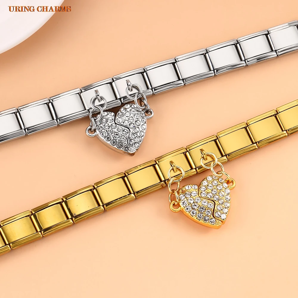 Italian Charm Inlaid CZ Heart Removable Magnetic Attraction Link Fit 9mm Stainless Steel Bracelet Design DIY Making Jewelry