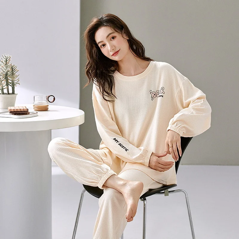 

Spring Autumn Women's Simple Casual Long Sleeved Pants Sleepwear Can Be Worn Outside Home Clothes Pajamas