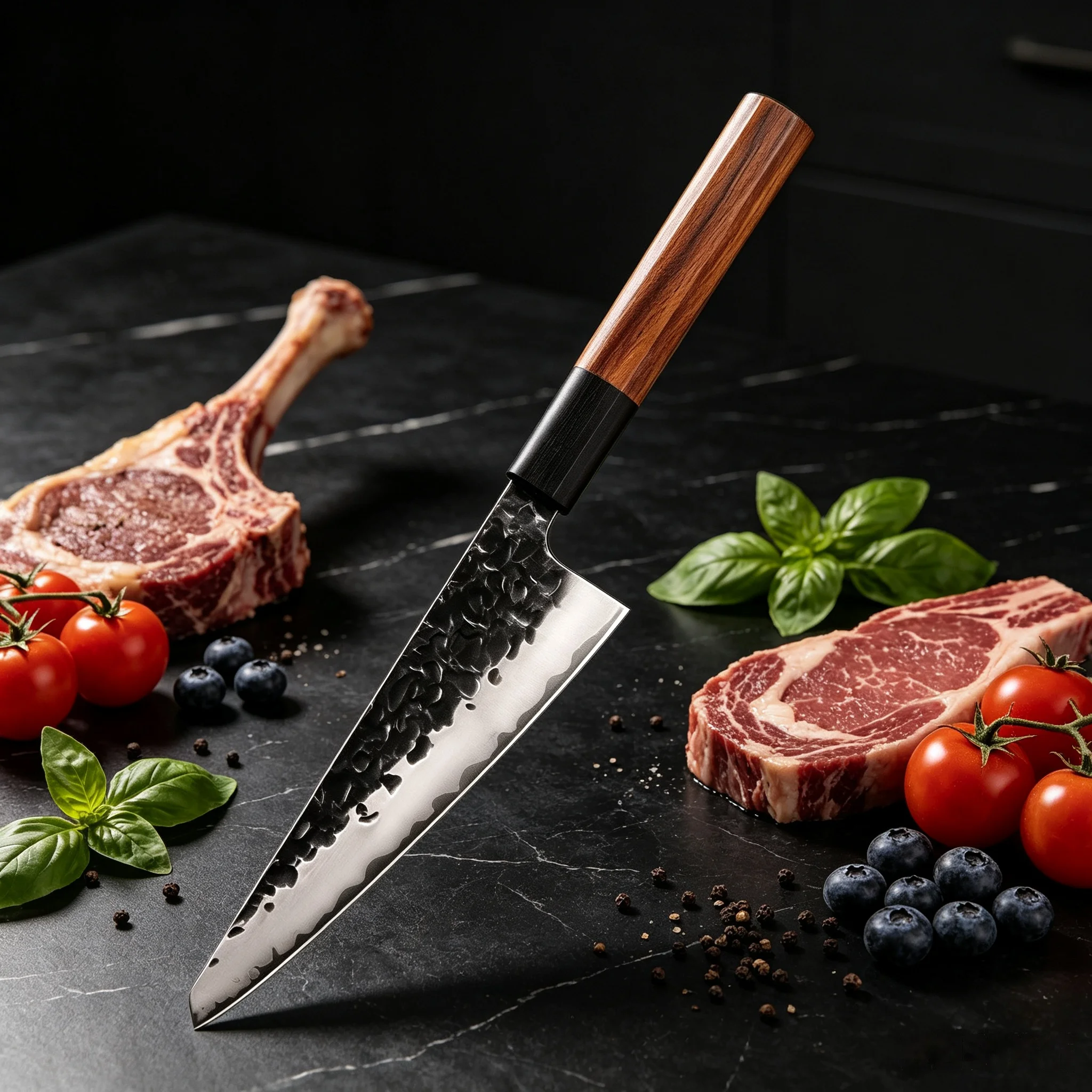 Home Hand Hammered Medium Japanese Kiritsuke Chef Knife, Multi-purpose for Sashimi, Meat, Fruit and Vegetable Cutting