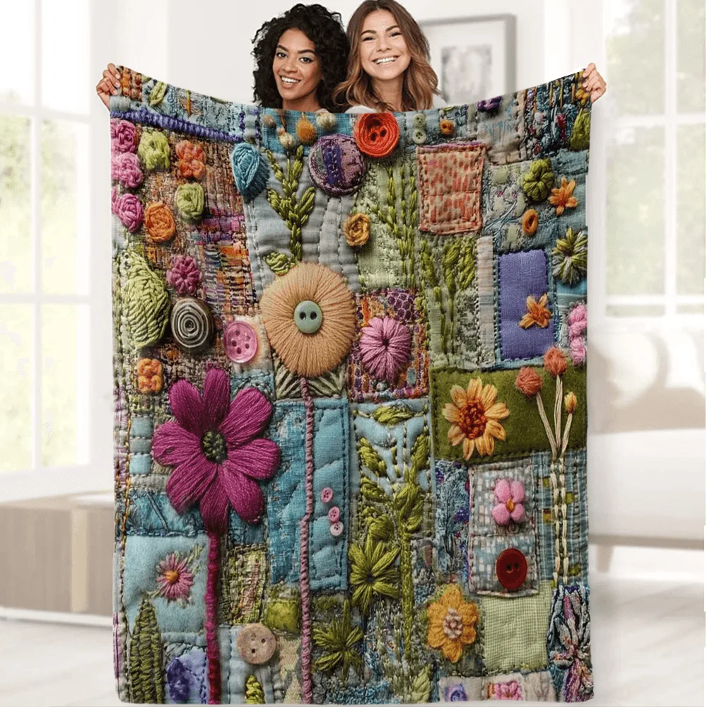 Vintage Patchwork Floral Stitched Throw Blanket,Soft Comfortable Cozy Flannel Fleece,for Sofa, Bed,Office, Camping,Travel-300gms