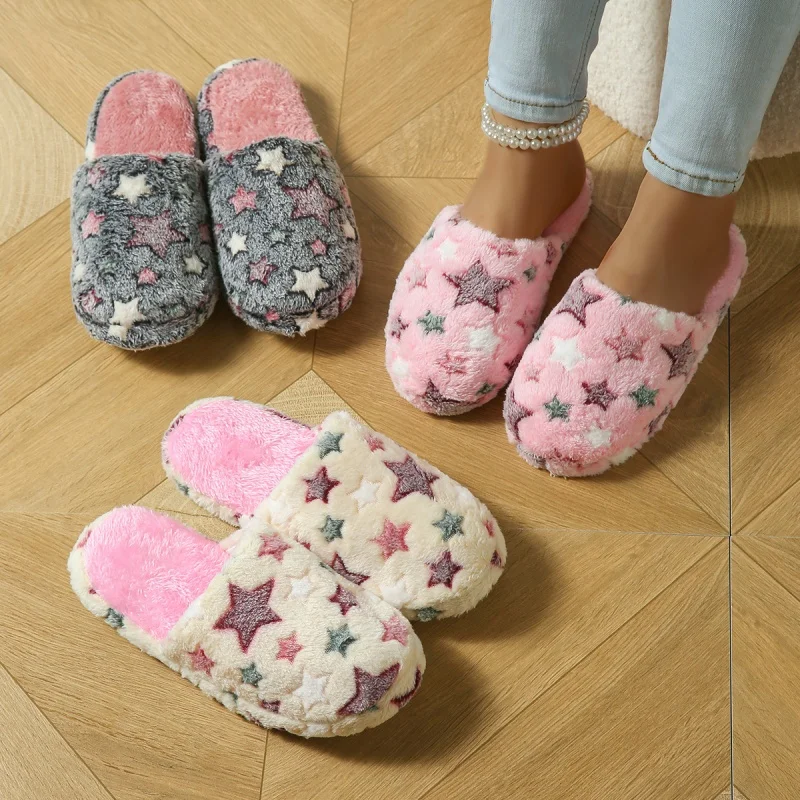 Five-pointed Stars Women Home Soft Slippers Couples Winter Indoor Warm Bedroom Plush Slides Adults Cozy Quiet Plush Flat Sandals
