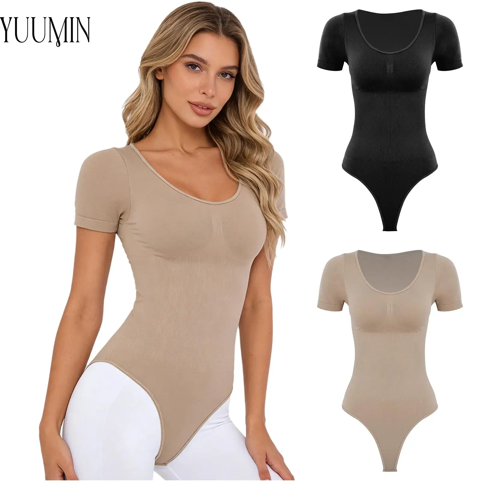Women Tummy Control Ribbed Waist Workout Bodysuit Shapewear Short Sleeve Hook-and-Eye Crotch Leotard for Office Work Casual Yoga