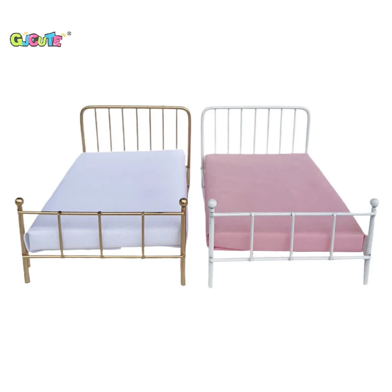 1:12 Doll House Metal Bed Mini Doll Furniture Vintage Iron Frame Single Bed Mini Model Bedroom Scene Decor Dollhouse Accessories