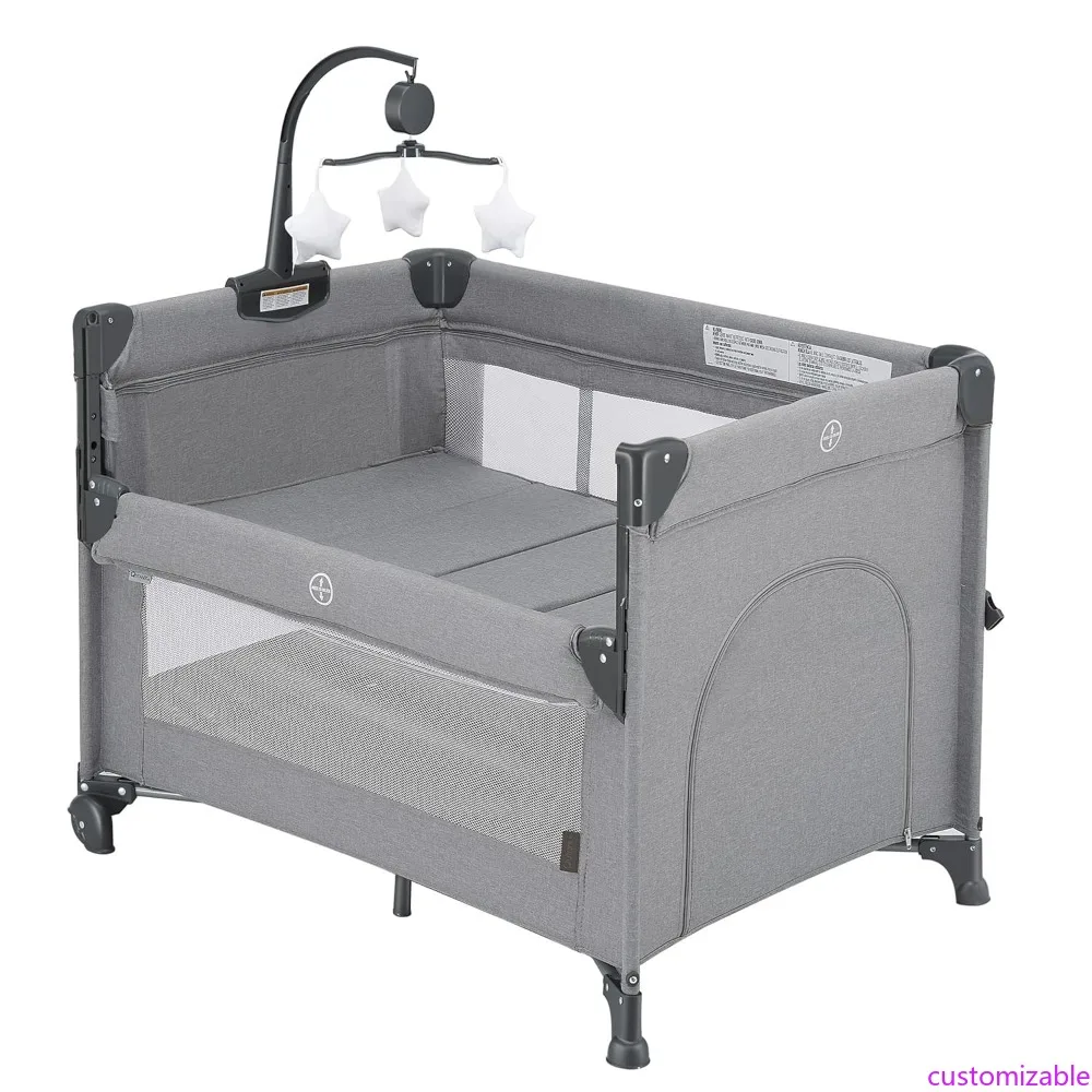 2-in-1 Baby Playard, Pack and Play Bassinet, Easy Folding Portable Crib with Music Mobile for Newborn to Toddlers (Grey)