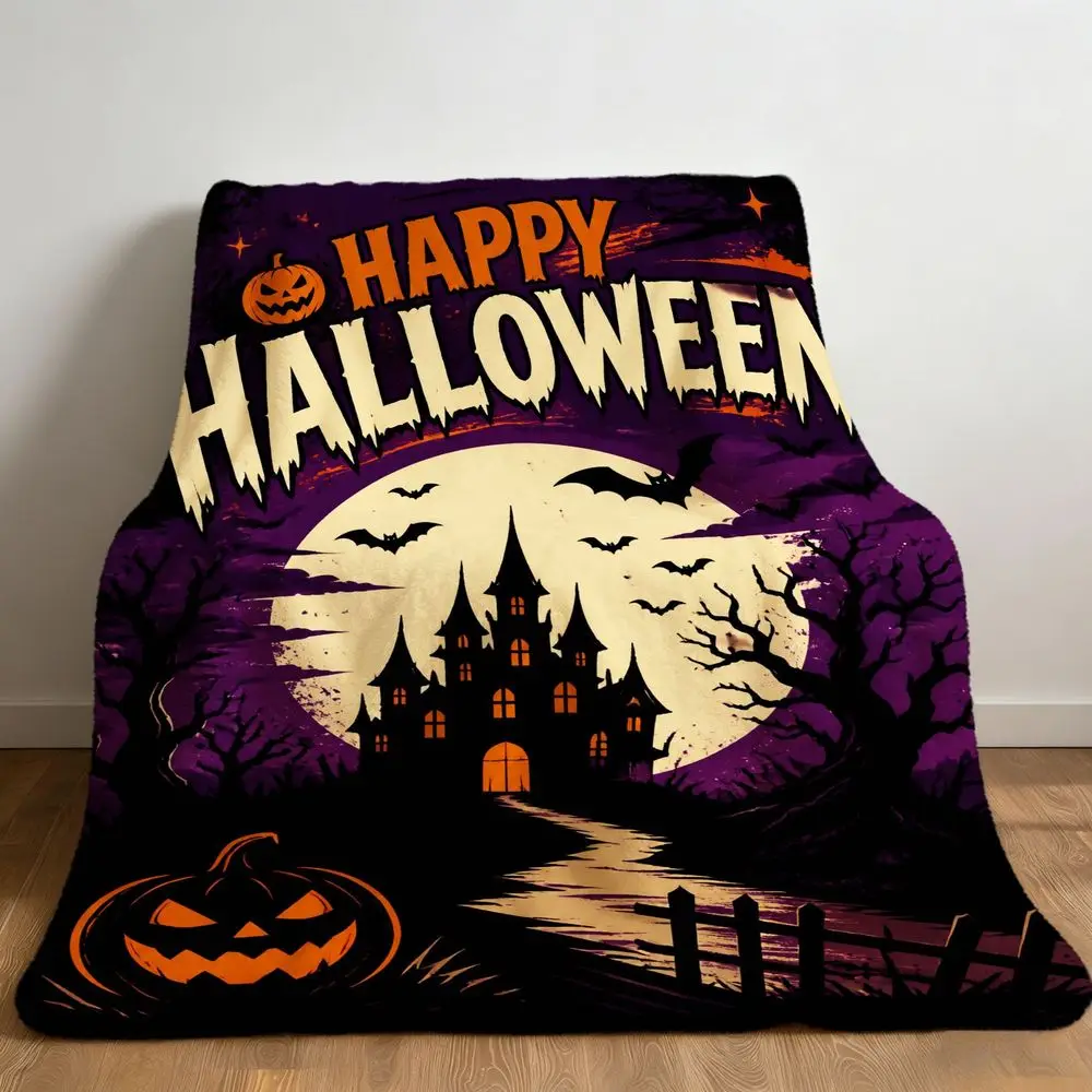 Halloween Haunted House Throw Blanket with Glowing Moon And Jack-O-Lantern Design, Soft Lightweight Fleece Blanket for Room, Living Room, Sofa, Couch, Travel And Holiday Home Decor, Perfect Spooky Gift for Friends And Family