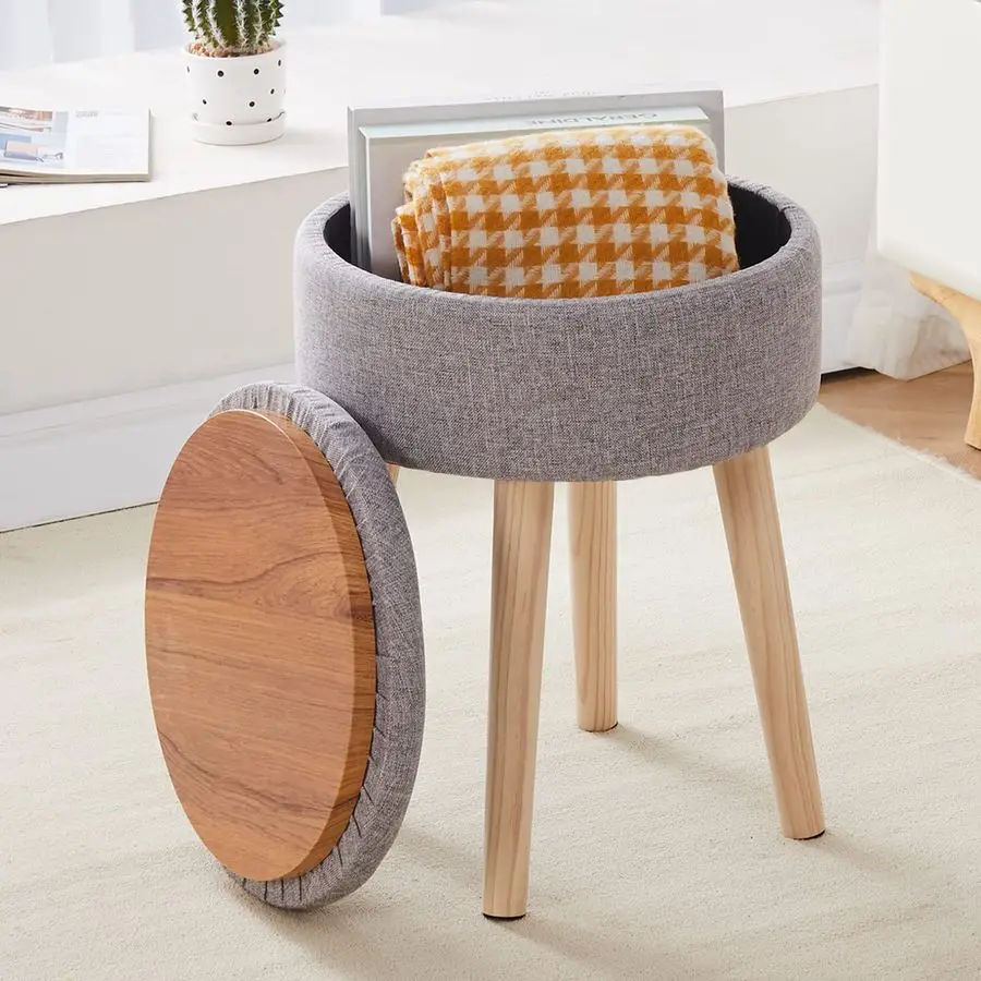 

Storage Ottoman Linen Round Vanity Stool Tray Top Modern Foot Stool with Wood Legs Multifunctional Upholstered Foot Ottoman Rest