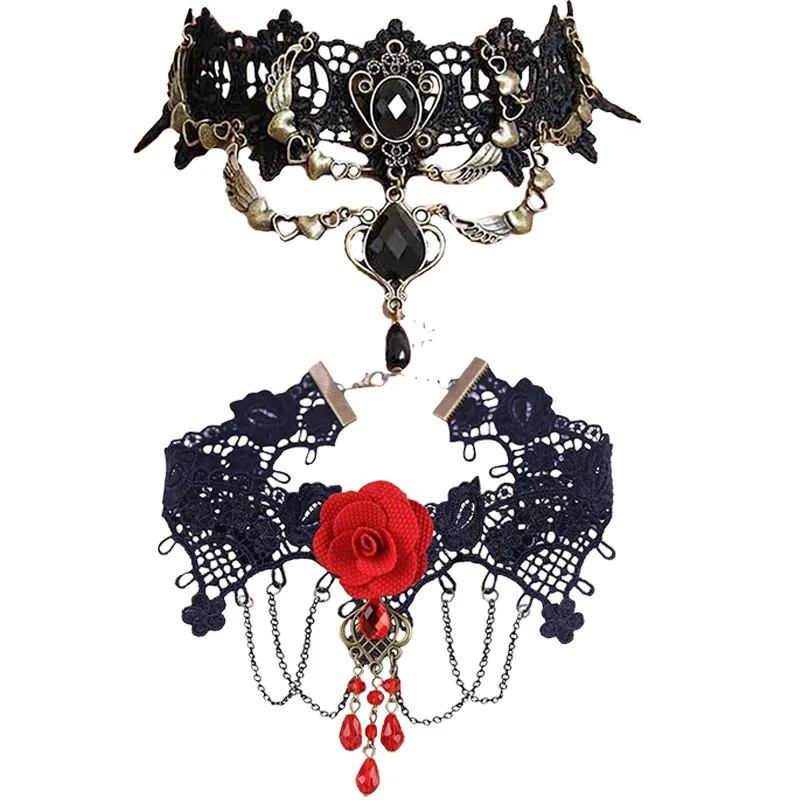الموضة القوطية الأسود كريستال الدانتيل المختنق قلادة للنساء موضة فيكتوريا خمر سلسلة الترقوة طوق بيان مجوهرات