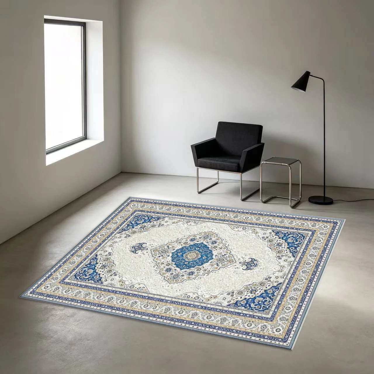 Blue White Vintage Medallion Square Area Rug Oriental Border Printed Floor Carpet for Living Room Bedroom Home Decor