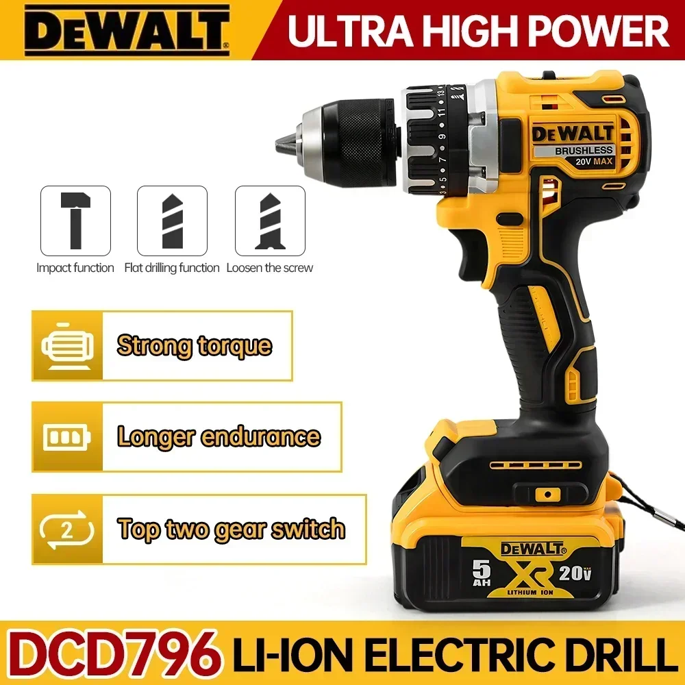 Dewalt dcd796 sem fio sem escova furadeira de impacto sem escova multifuncional recarregável portátil 20v bateria ferramentas elétricas