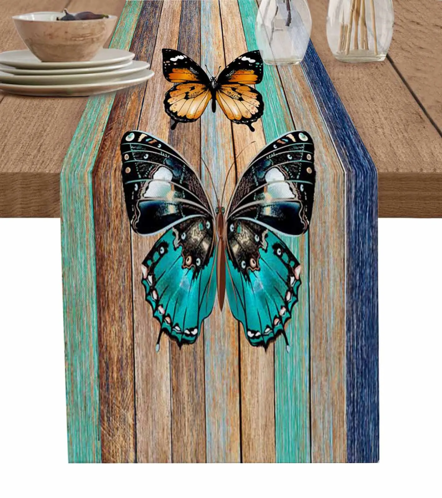 

Butterfly Color Wood Grain Linen Table Runners Kitchen Table Decoration Accessories Dining Table Runner Wedding Party Supplies