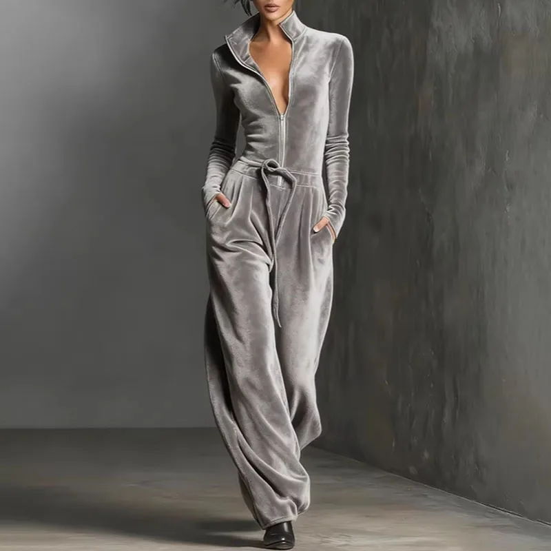 2026 Spring Retro Solid Velvet Women's Jumpsuit Elegant Half Zip Stand Collar Drawstring Waist Overalls Casual Streetwear Romper