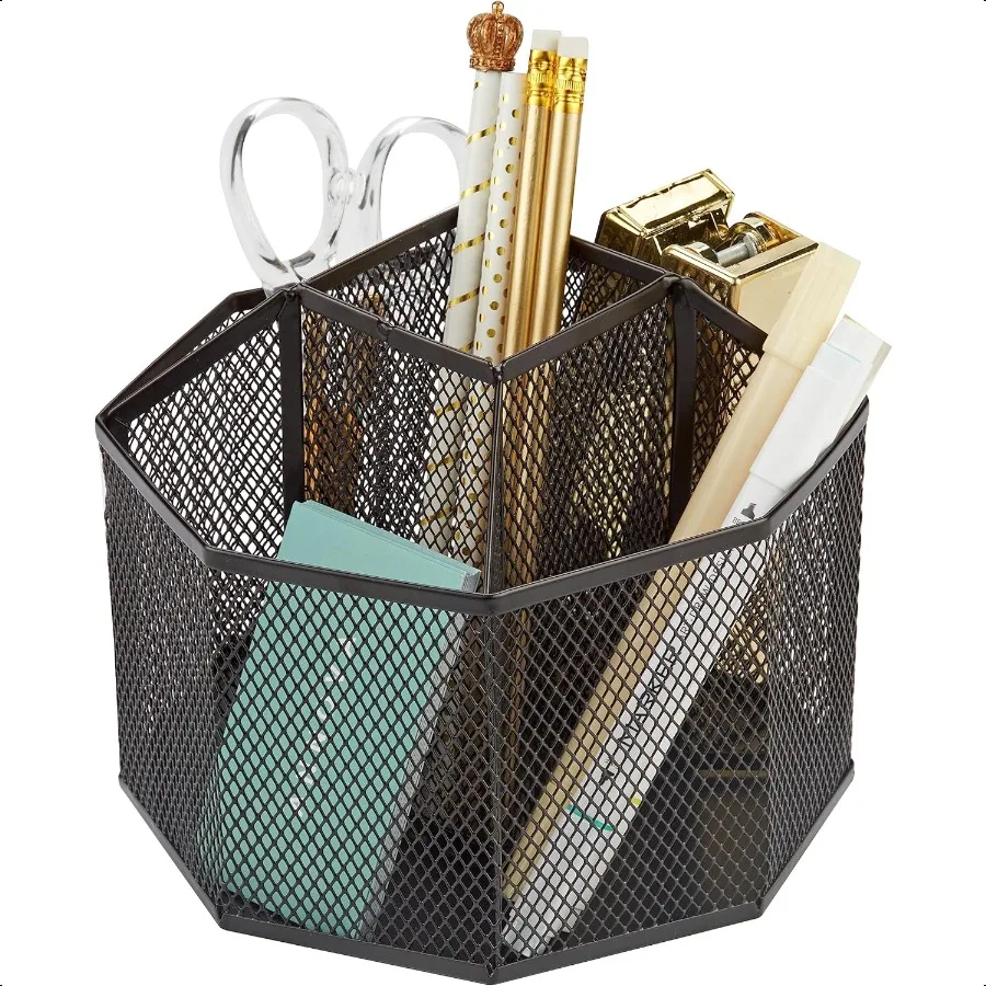 

Mesh Desk Organizer Rotate with 5 Compartments Spinning Tidy Candy Pen Holder Office Art Supply Storage Classroom Home Black