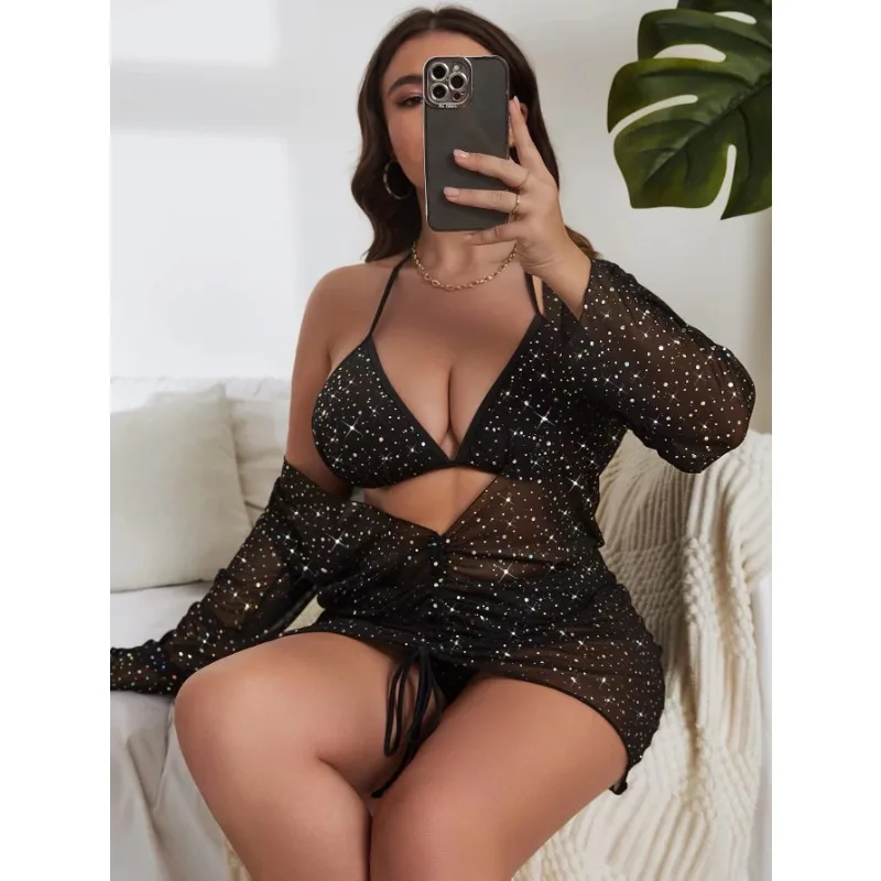 

Plus-Size Women's High-Waisted Star Sequin Three-Piece Cover-Up Set with UPF 50+ UV Protection
