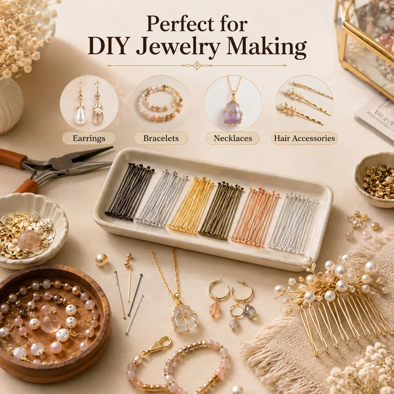 200pcs T Pins Head Pins Beading Pins, Flat Head and Ball Head Jewelry Making Supplies for Necklace Bracelet DIY