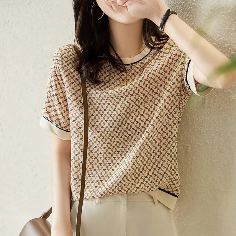 Summer Round Neck Short Sleeve Vintage Elegant Plaid Printing Chiffon T-Shirts Women Korean Style Thin Style Screw Thread Tees