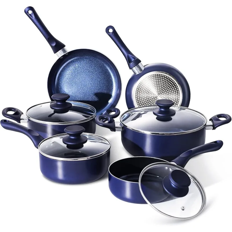 Pots and Pans Set,Aluminum Cookware Set, Nonstick Ceramic Coating, Fry Pan, Stockpot with Lid, Blue,10 Pieces