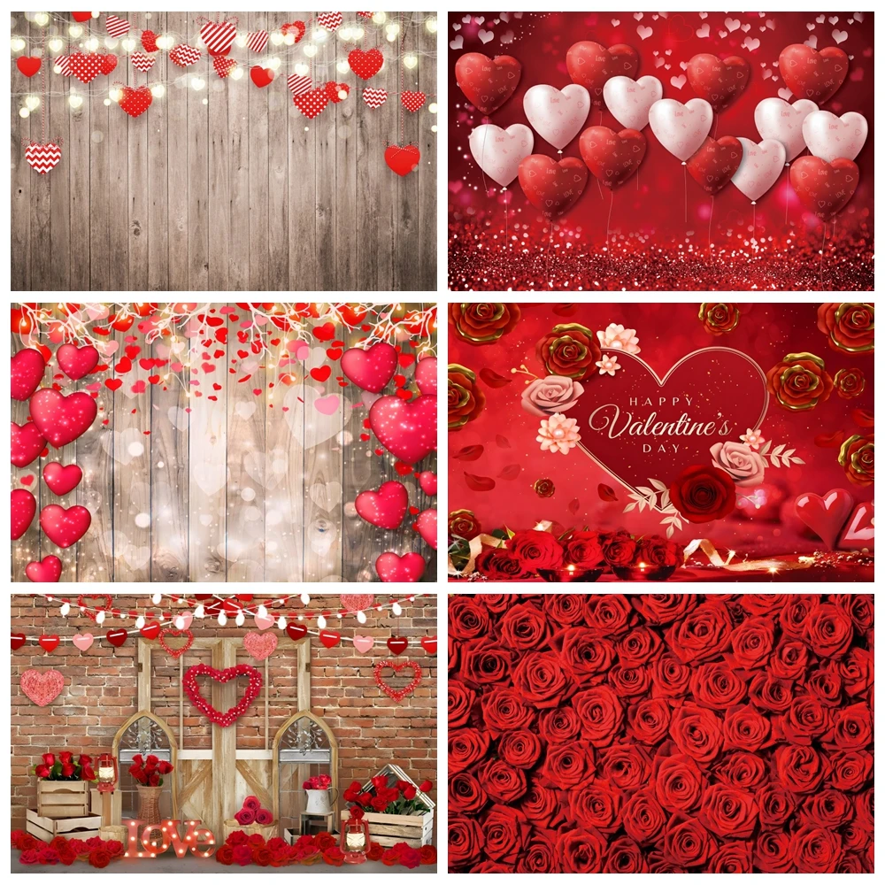 

Valentine's Day Backdrop for Photography February 14 Red Love Heart Balloon Wooden Board Flowers Wedding Party Photo Background