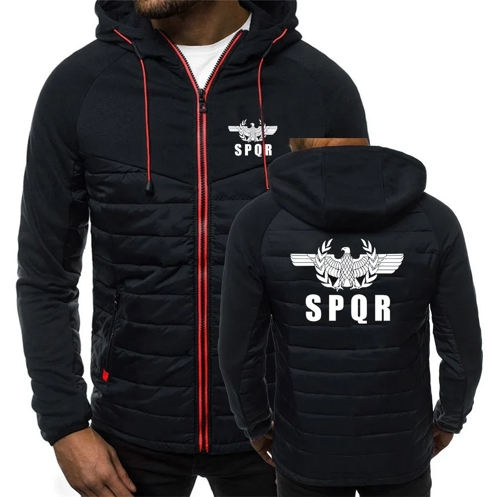 2024 Spring Autumn Men's SPQR Roman Gladiator Imperial Golden Eagle Logo Print Casual Hooded Cotton Patchwork Hooded Jacket Coat