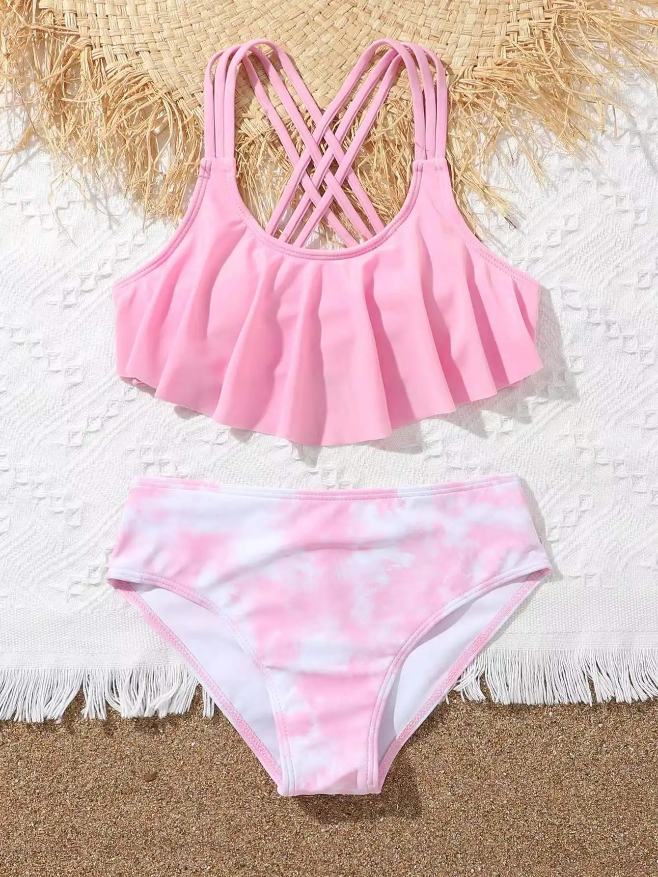 Girls Ruffle High Waist Bikini Two Pieces Swimsuit for Kids Children\'s Swimwear 7-12 Years Teenager Bathing Suit Beachwear Pink